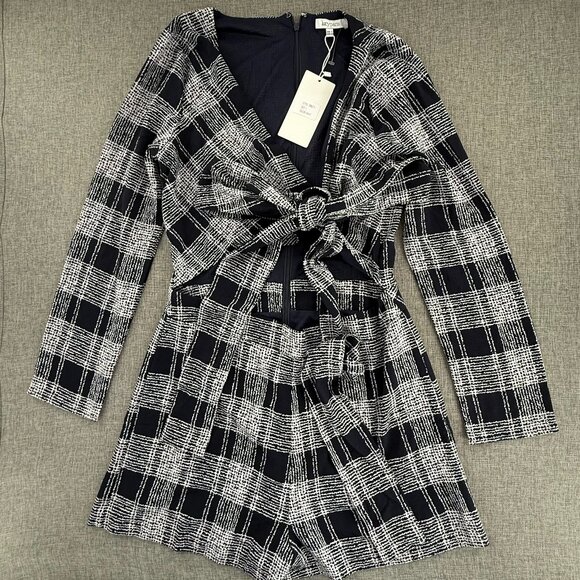NEW! Lucy Paris Tie-Front Romper Plaid Long sleeve Large Navy & White‎ Lined - Picture 2 of 15